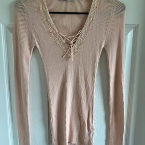 Sandro Beige Lace V-Neck Ribbed Top